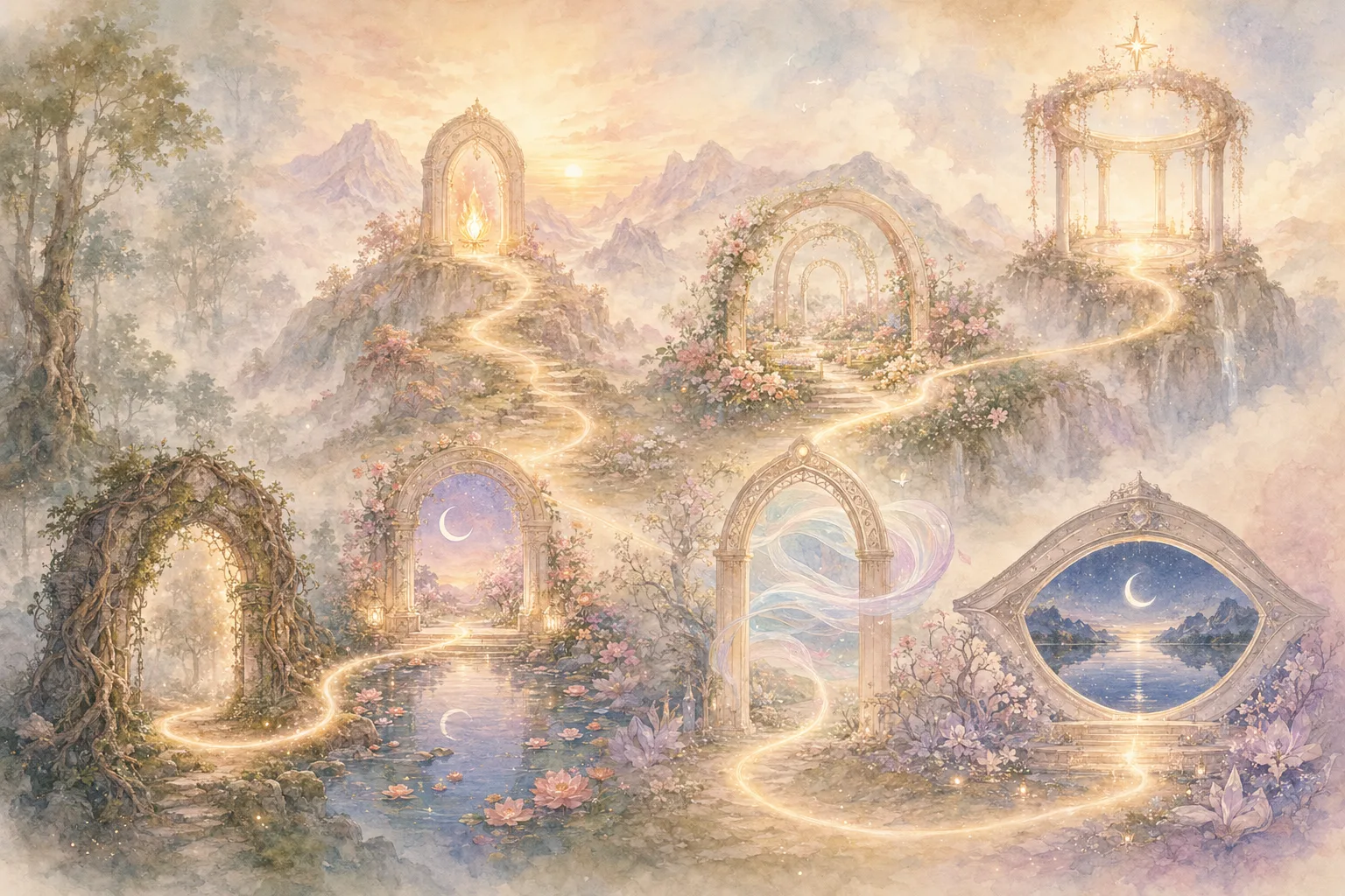 七道生命之門的水彩地圖，描繪旅人走過的整段旅程